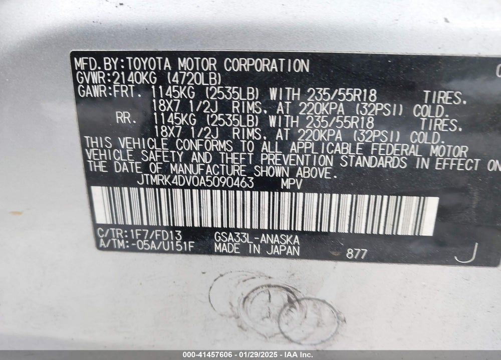 2010 TOYOTA RAV4 VIN: JTMRK4DV0A5090463