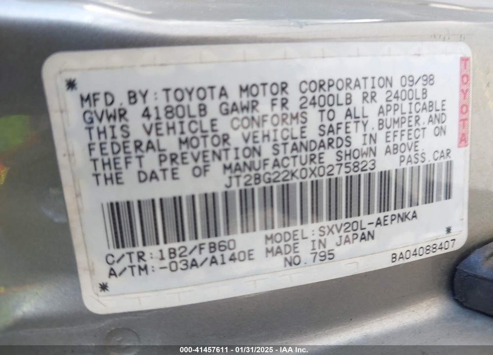 1999 TOYOTA CAMRY CE/LE/XLE VIN: JT2BG22K0X0275823