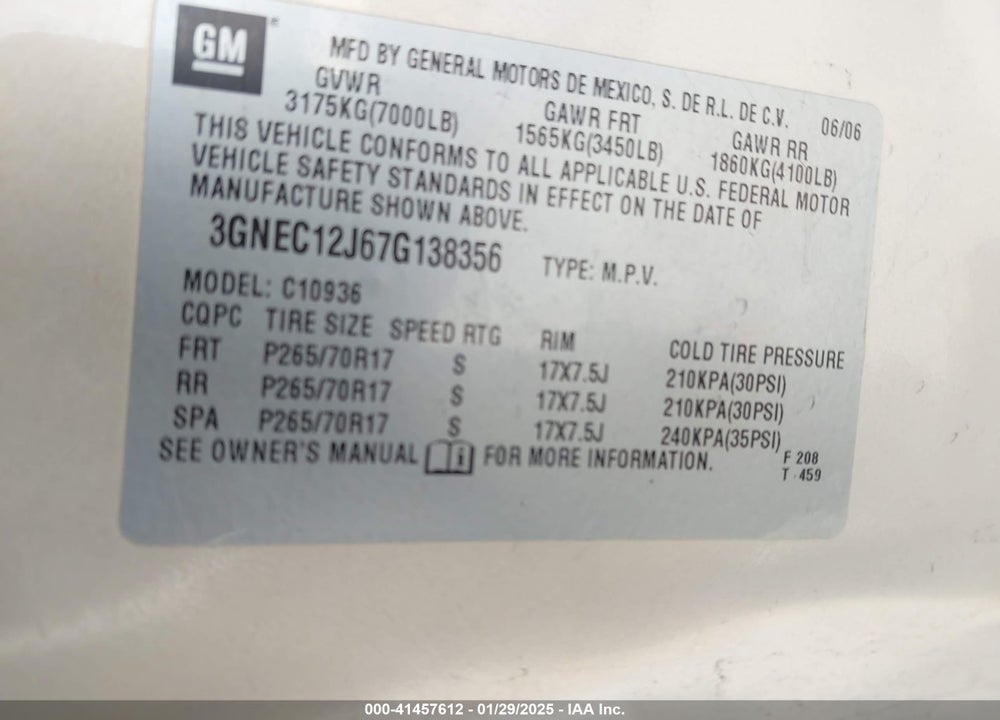 2007 CHEVROLET AVALANCHE 1500 VIN: 3GNEC12J67G138356