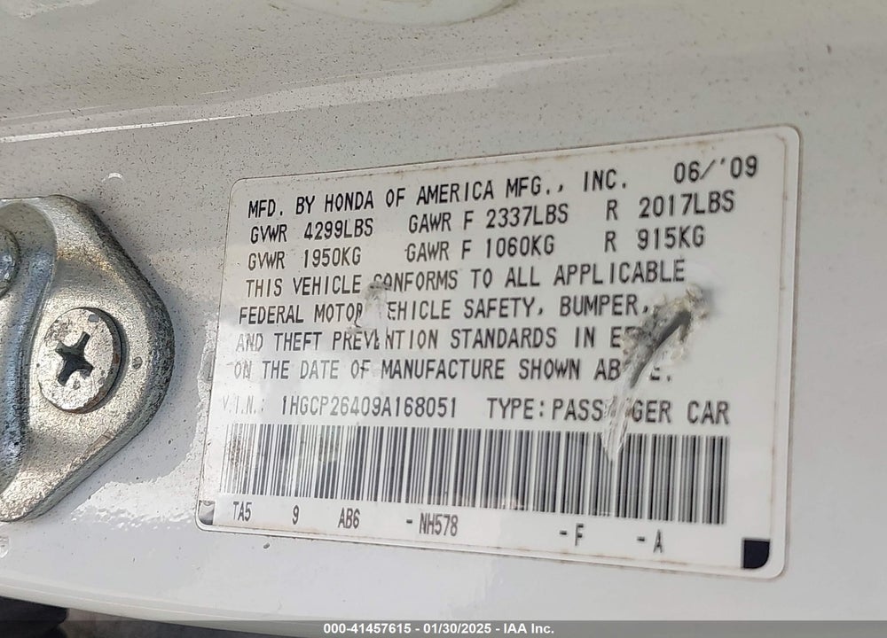 2009 HONDA ACCORD 2.4 LX-P VIN: 1HGCP26409A168051
