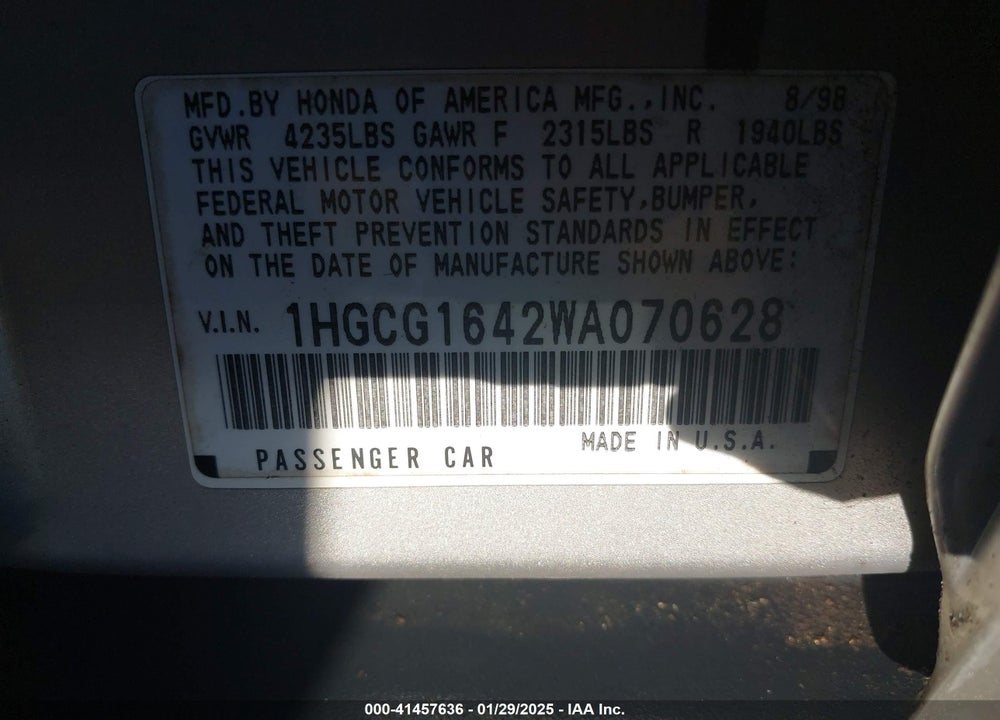 1998 HONDA ACCORD LX V6 VIN: 1HGCG1642WA070628