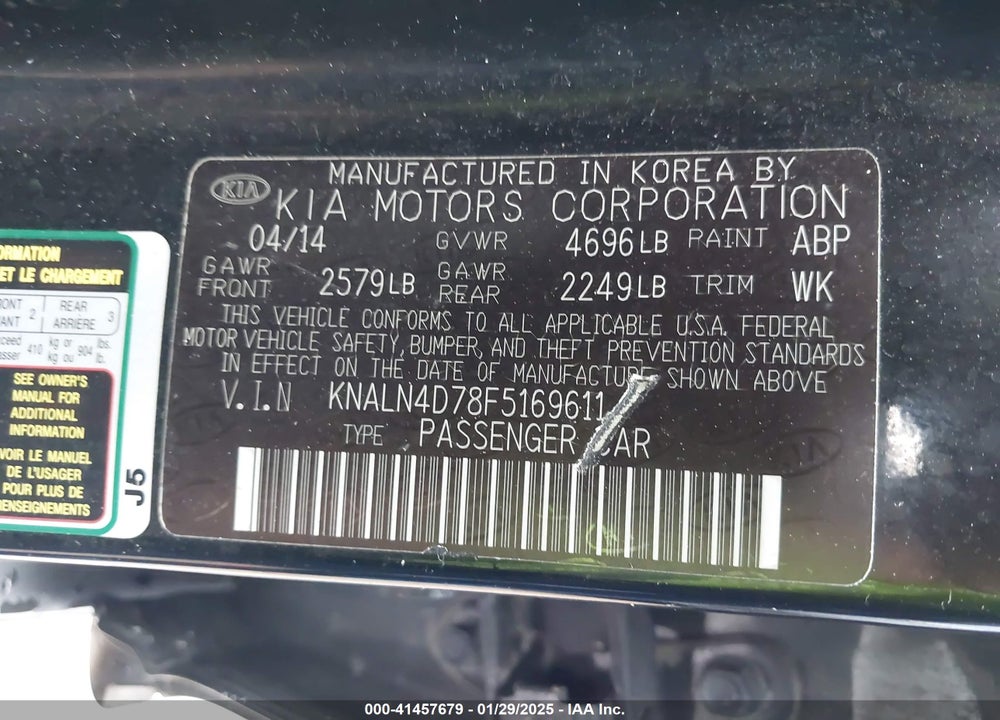2015 KIA CADENZA VIN: KNALN4D78F5169611