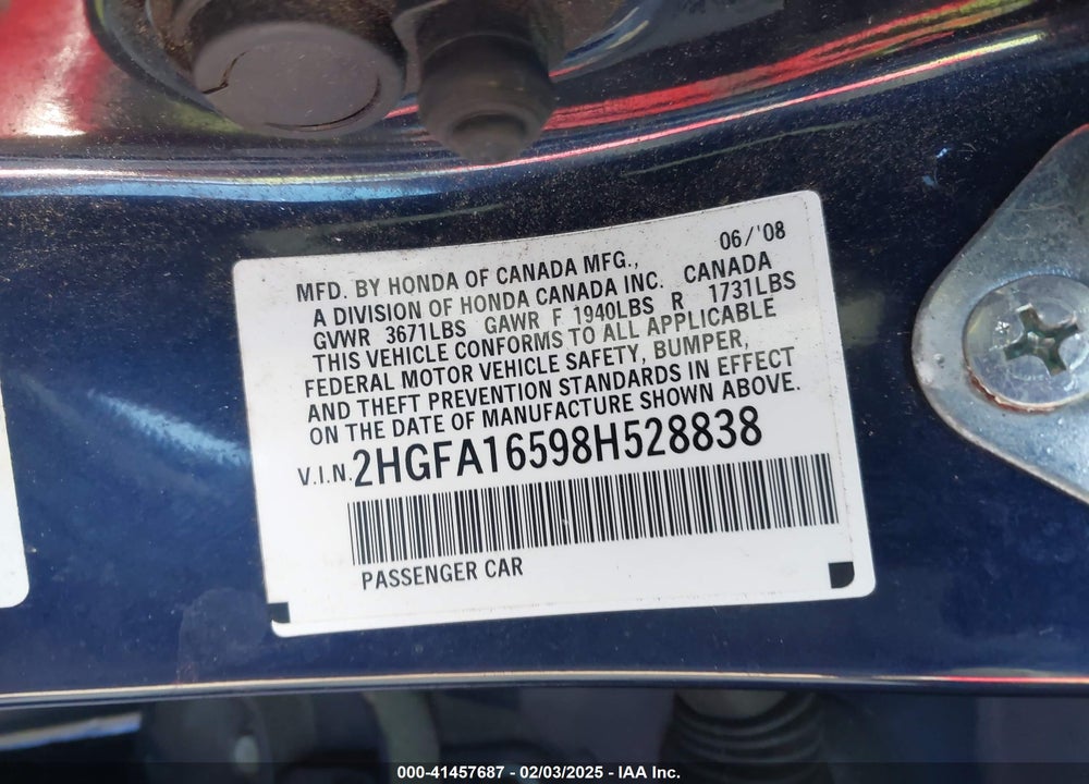 2008 HONDA CIVIC LX VIN: 2HGFA16598H528838