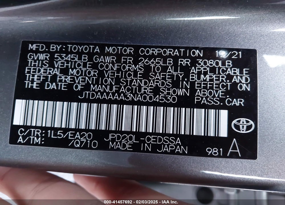 2022 TOYOTA MIRAI VIN: JTDAAAAA3NA004530