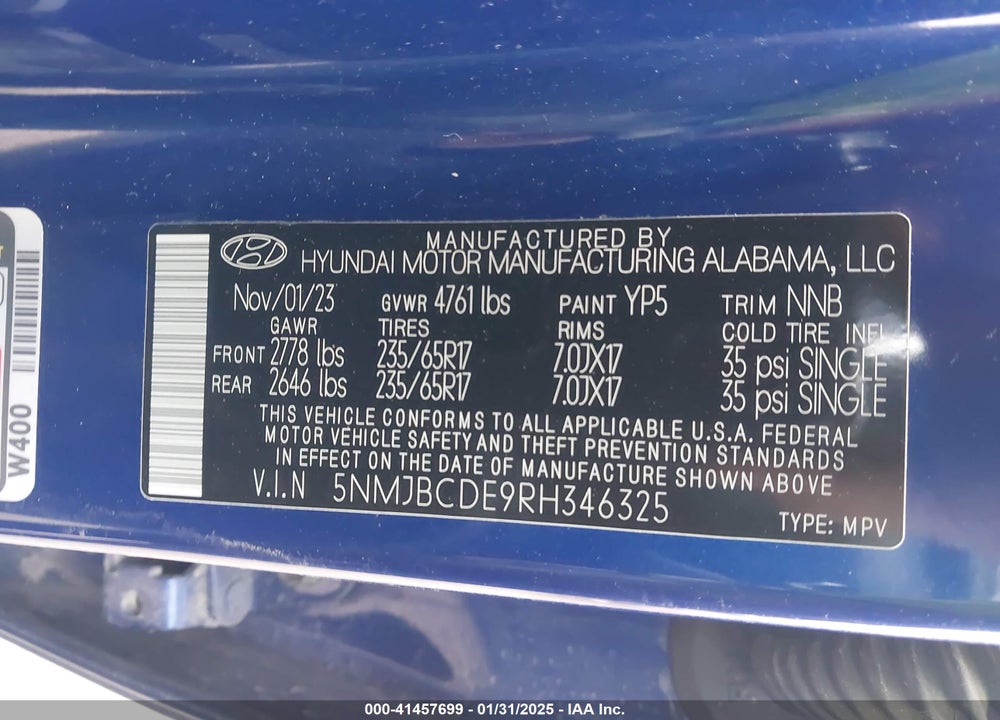 2024 HYUNDAI TUCSON VIN: 5NMJBCDE9RH346325