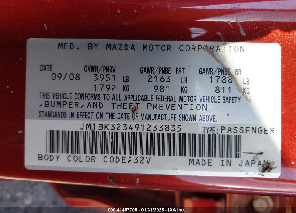 2009 MAZDA MAZDA3 VIN: JM1BK323491233835