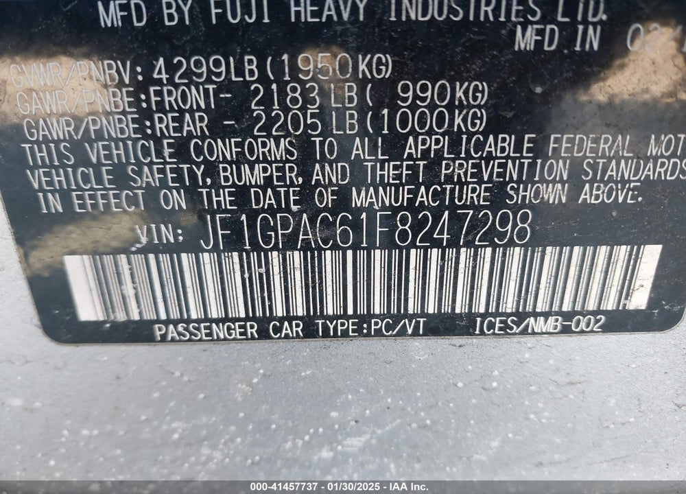 2015 SUBARU IMPREZA VIN: JF1GPAC61F8247298