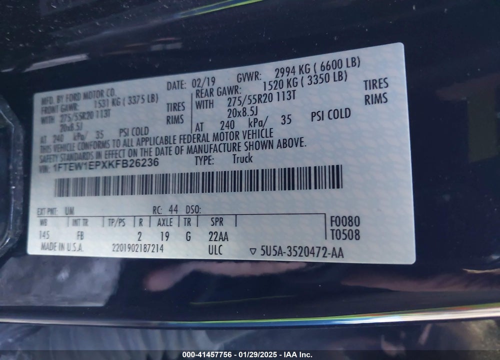 2019 FORD F-150 VIN: 1FTEW1EPXKFB26236