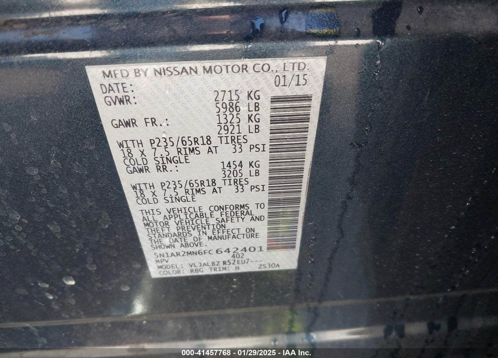 2015 NISSAN PATHFINDER S VIN: 5N1AR2MN6FC642401