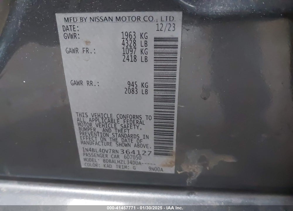2024 NISSAN ALTIMA VIN: 1N4BL4DV7RN364127