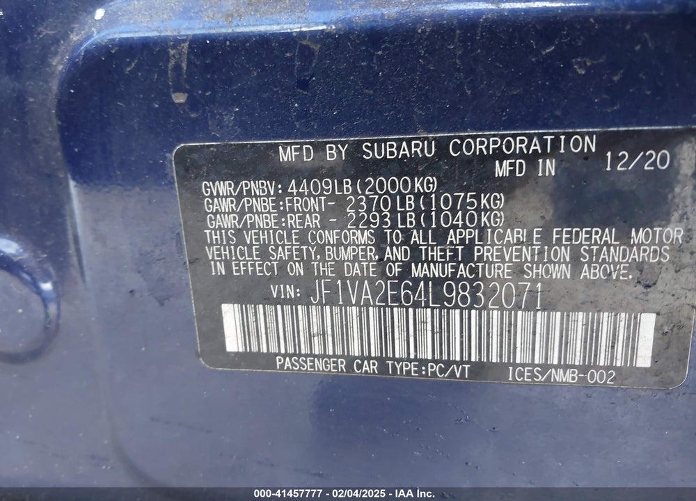 2020 SUBARU WRX VIN: JF1VA2E64L9832071