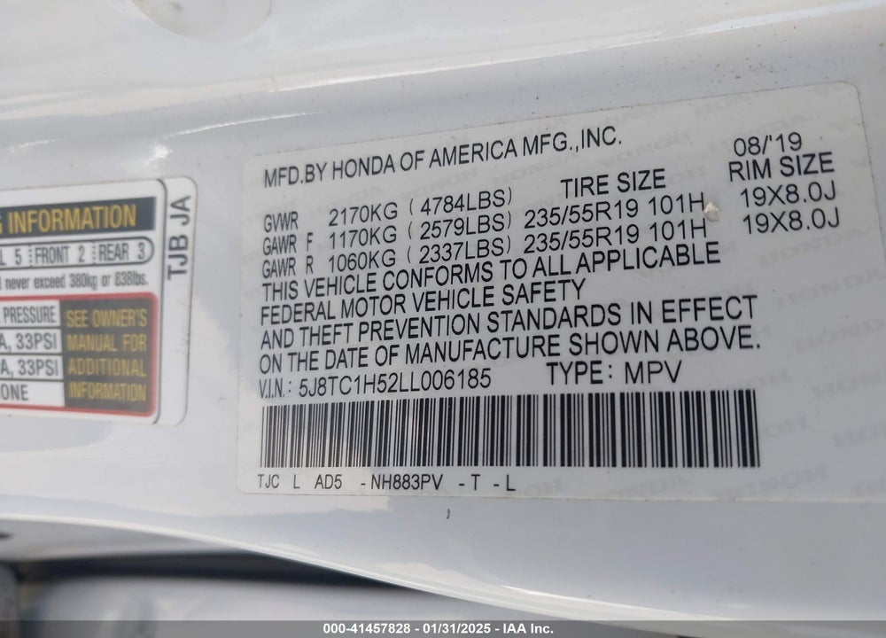2020 ACURA RDX TECHNOLOGY PACKAGE VIN: 5J8TC1H52LL006185