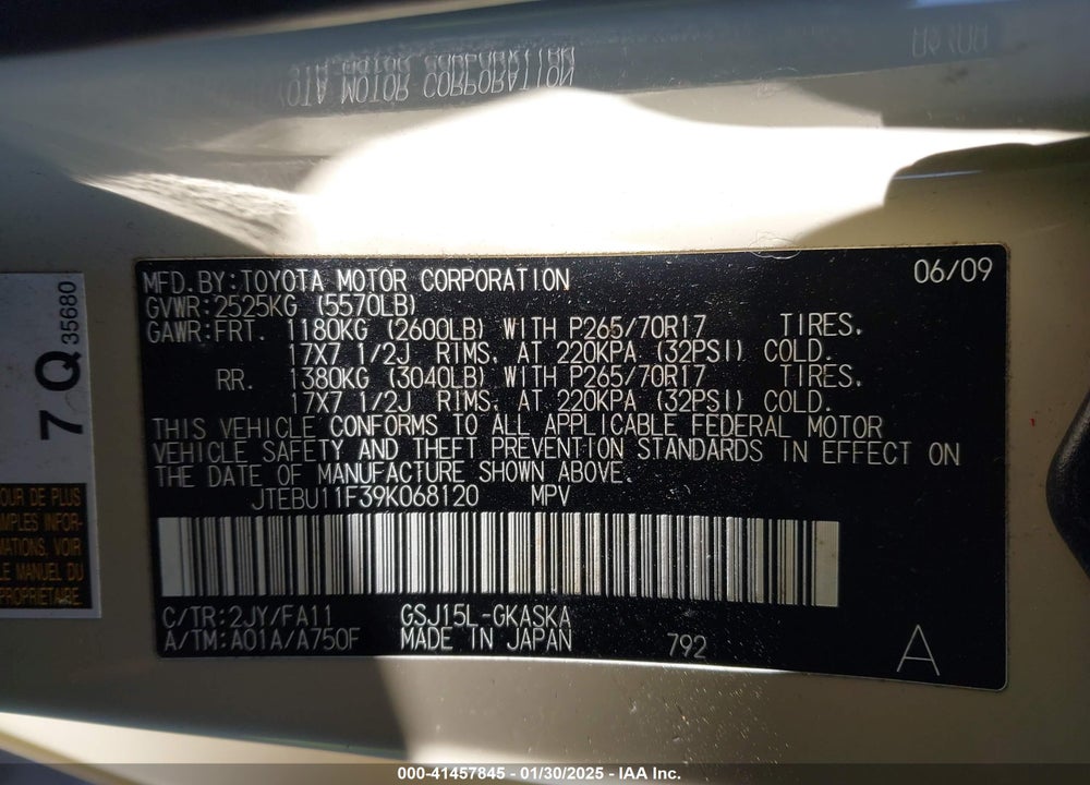 2009 TOYOTA FJ CRUISER VIN: JTEBU11F39K068120