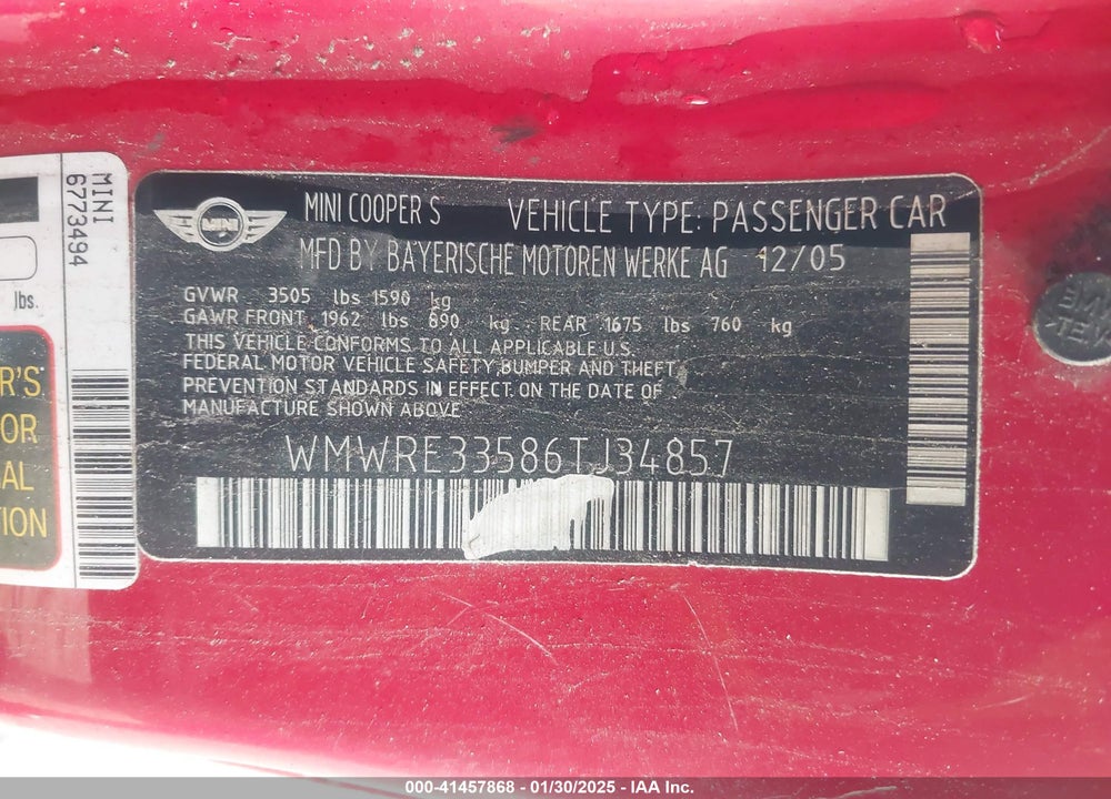 2006 MINI COOPER S VIN: WMWRE33586TJ34857