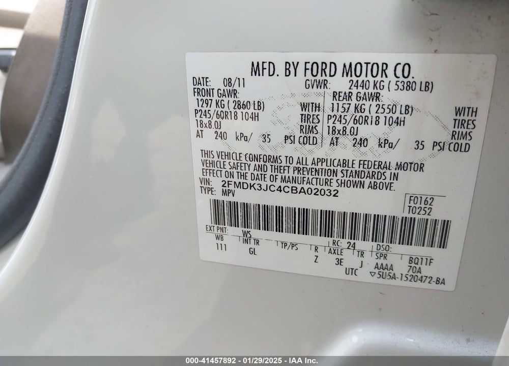 2012 FORD EDGE SEL VIN: 2FMDK3JC4CBA02032