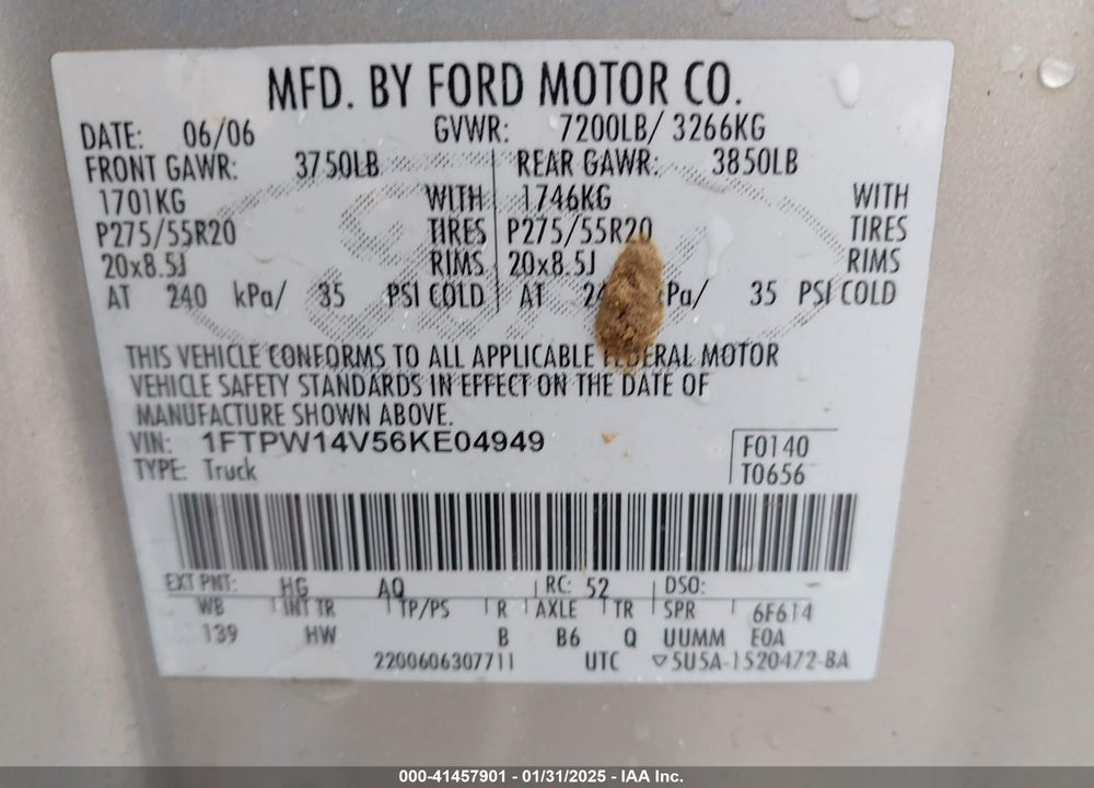 2006 FORD F-150 VIN: 1FTPW14V56KE04949