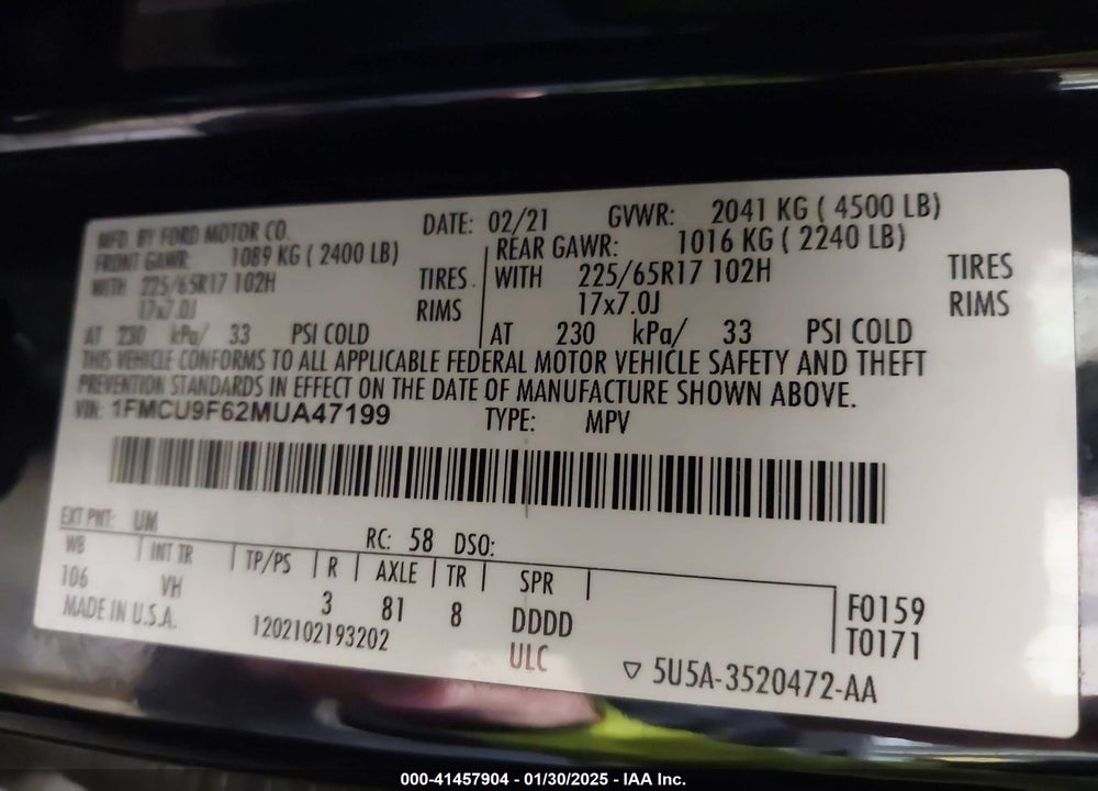 2021 FORD ESCAPE S VIN: 1FMCU9F62MUA47199