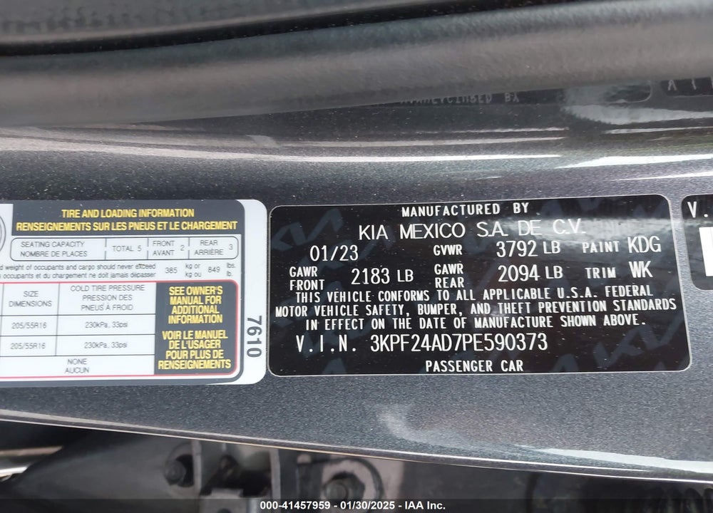 2023 KIA FORTE LXS VIN: 3KPF24AD7PE590373