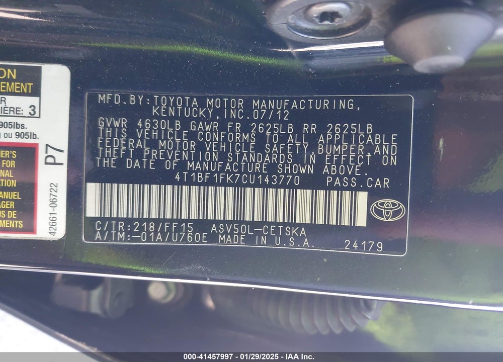 2012 TOYOTA CAMRY VIN: 4T1BF1FK7CU143770