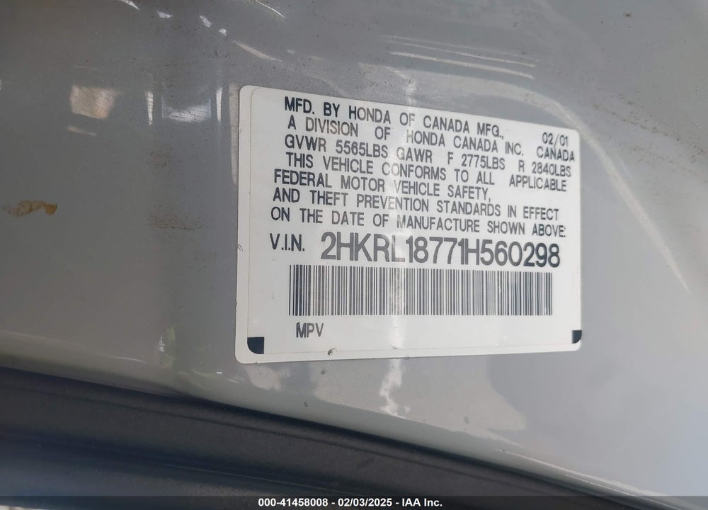 2001 HONDA ODYSSEY EX VIN: 2HKRL18771H560298