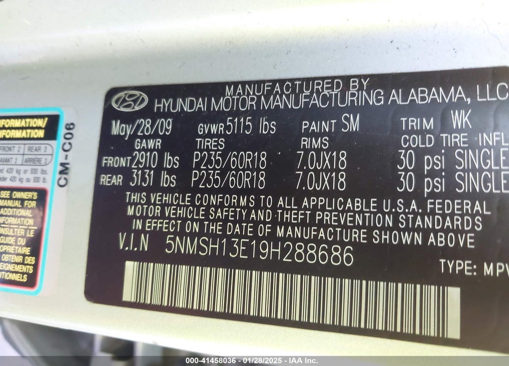 2009 HYUNDAI SANTA FE LIMITED VIN: 5NMSH13E19H288686