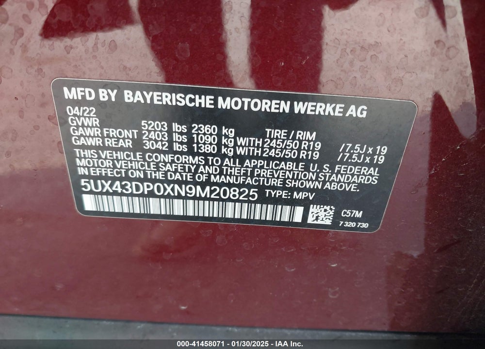 2022 BMW X3 SDRIVE30I VIN: 5UX43DP0XN9M20825