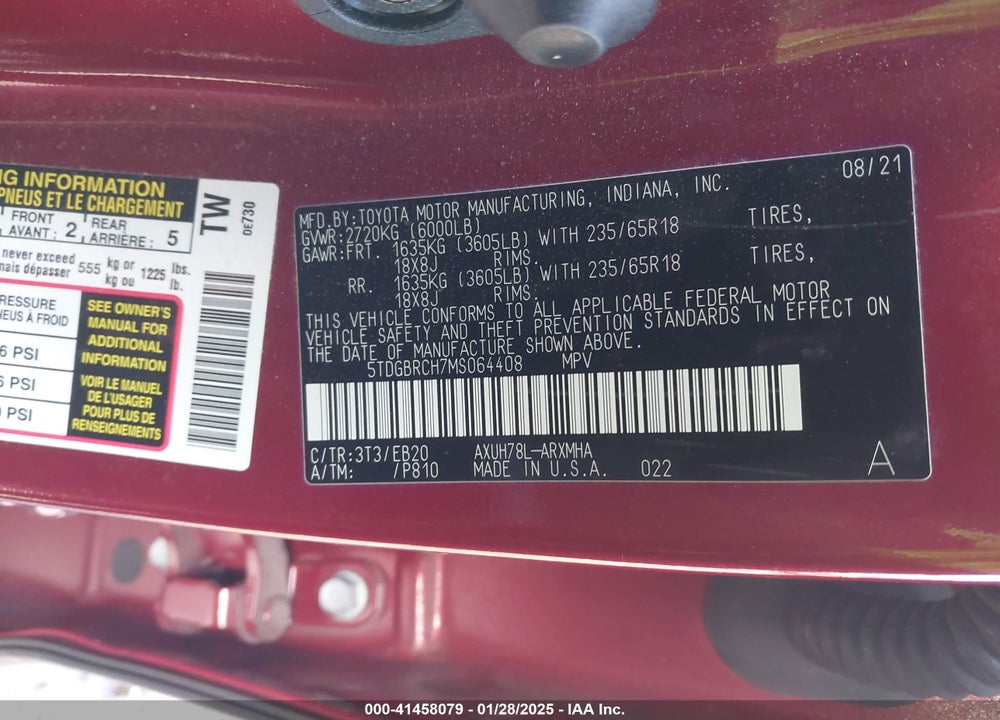 2021 TOYOTA HIGHLANDER HYBRID XLE VIN: 5TDGBRCH7MS064408