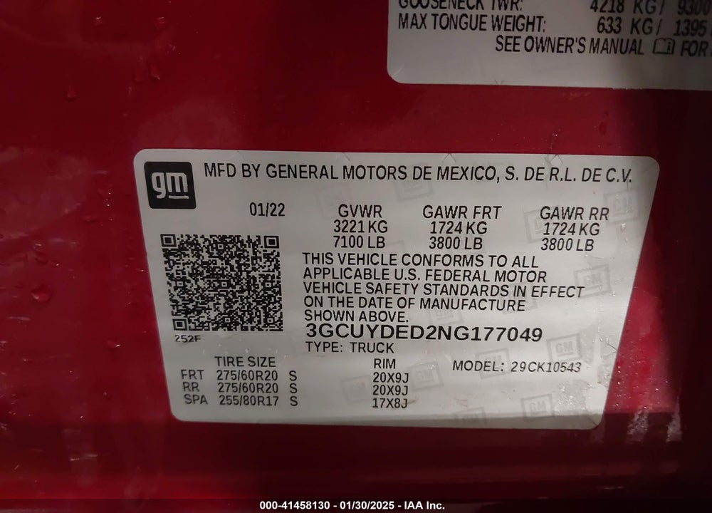 2022 CHEVROLET SILVERADO 1500 LTD VIN: 3GCUYDED2NG177049