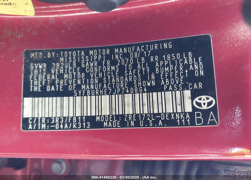 2018 TOYOTA COROLLA VIN: 5YFBURHE7JP740864