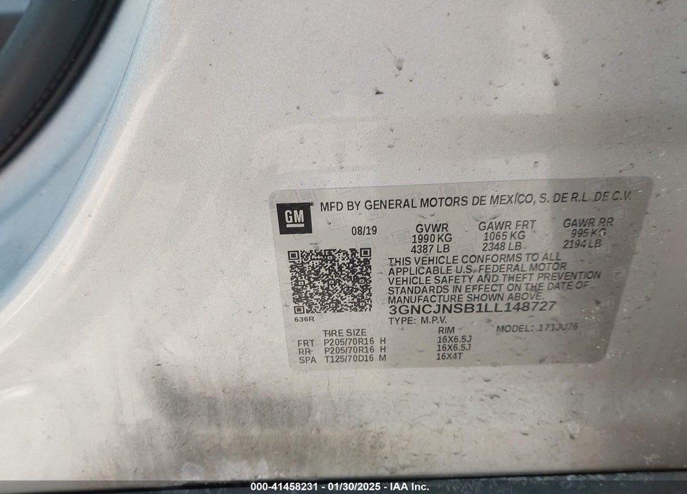 2020 CHEVROLET TRAX VIN: 3GNCJNSB1LL148727