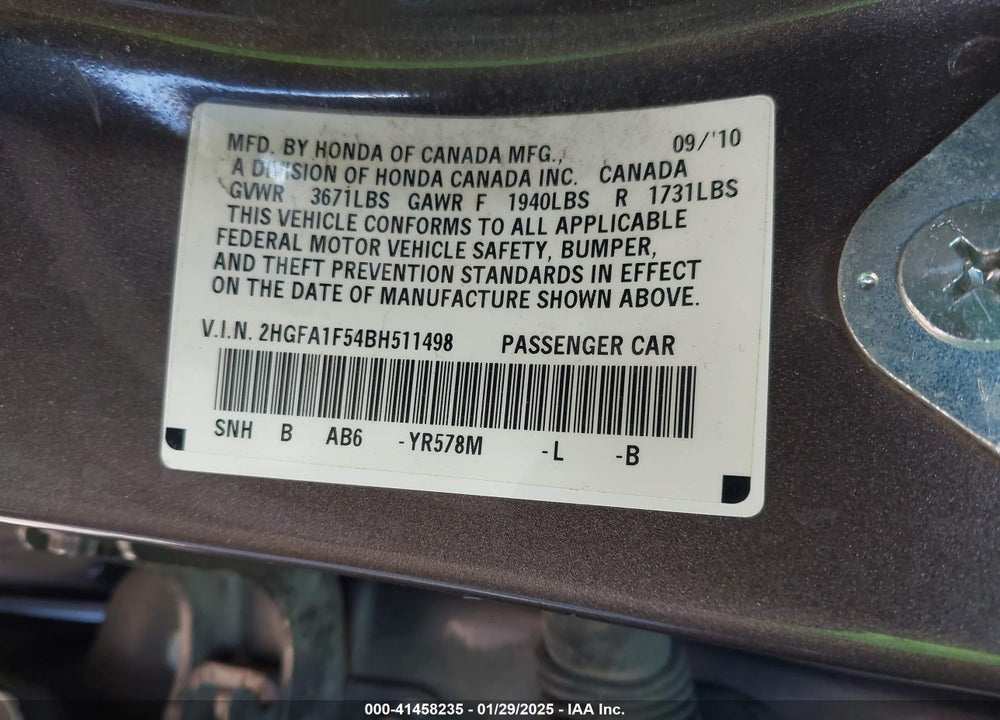 2011 HONDA CIVIC VIN: 2HGFA1F54BH511498