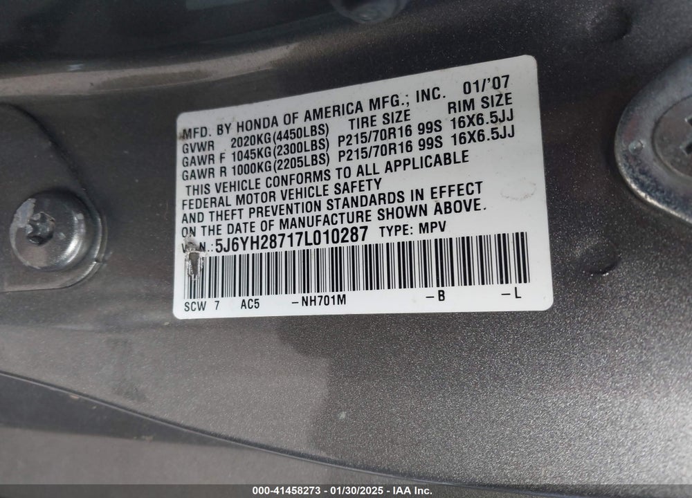 2007 HONDA ELEMENT EX VIN: 5J6YH28717L010287