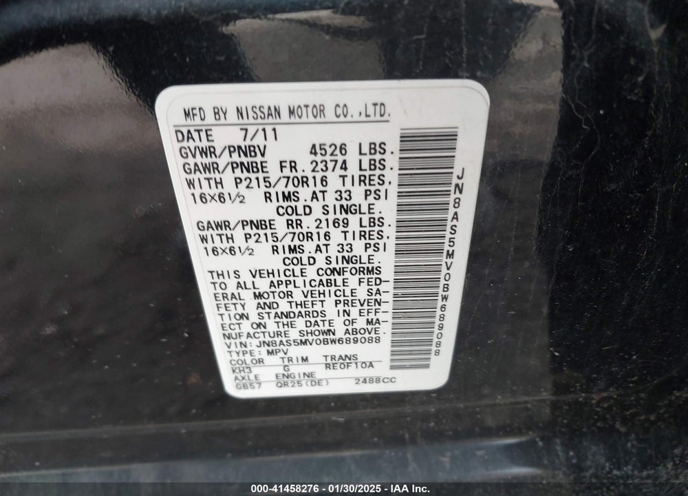 2011 NISSAN ROGUE S VIN: JN8AS5MV0BW689088