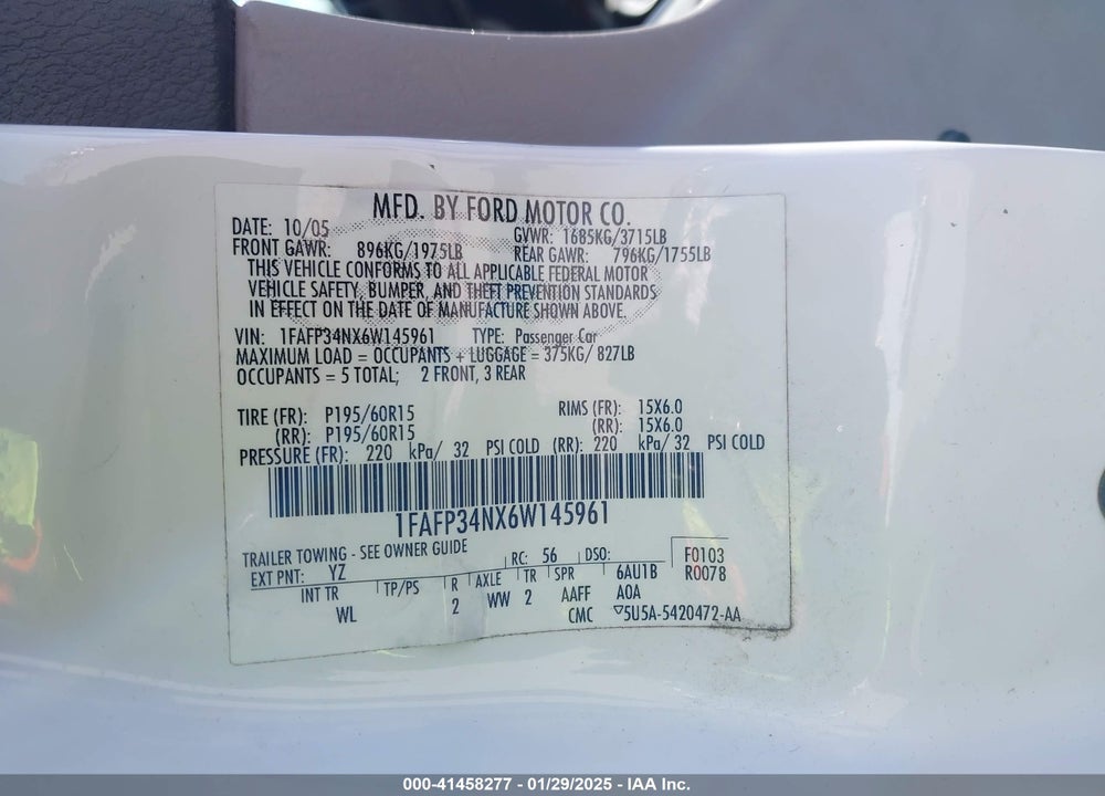 2006 FORD FOCUS VIN: 1FAFP34NX6W145961