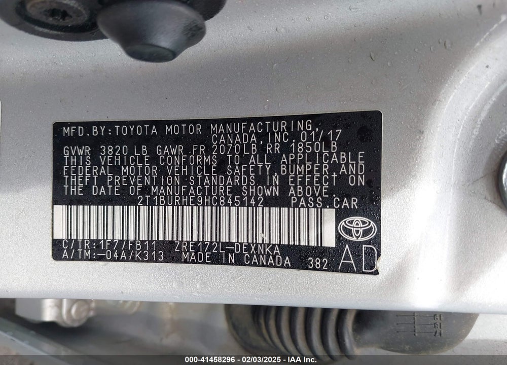 2017 TOYOTA COROLLA LE VIN: 2T1BURHE9HC845142