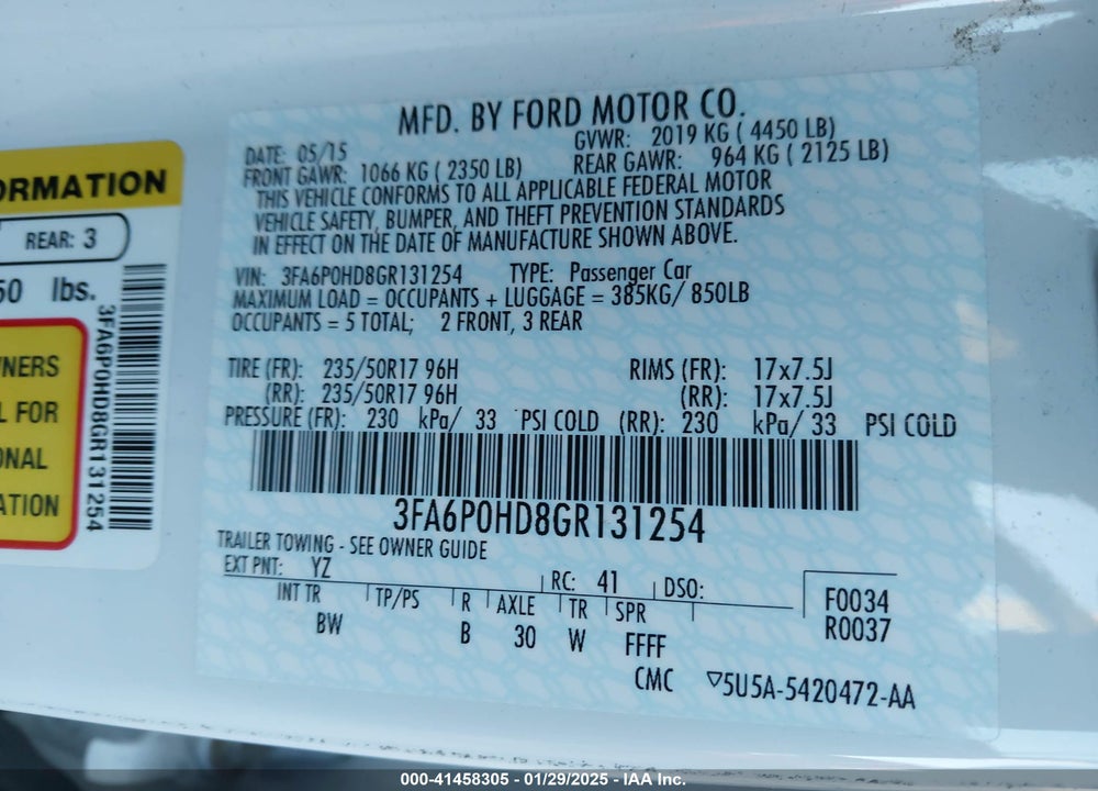 2016 FORD FUSION VIN: 3FA6P0HD8GR131254