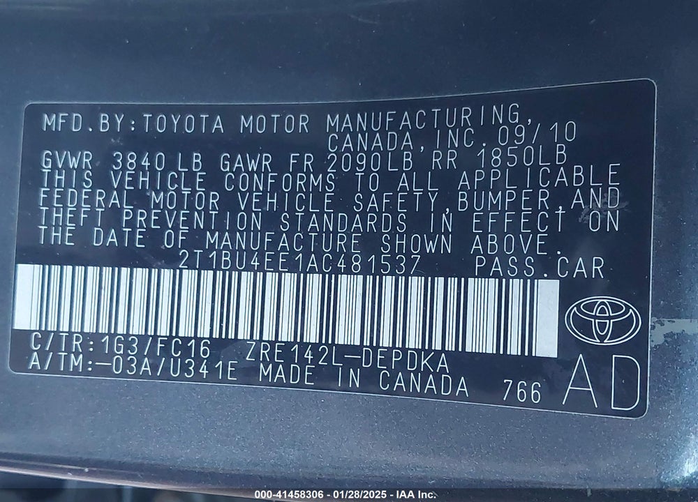 2010 TOYOTA COROLLA VIN: 2T1BU4EE1AC481537