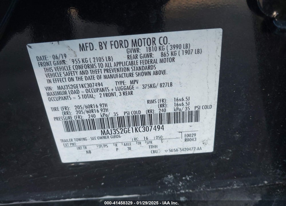 2019 FORD ECOSPORT SE VIN: MAJ3S2GE1KC307494