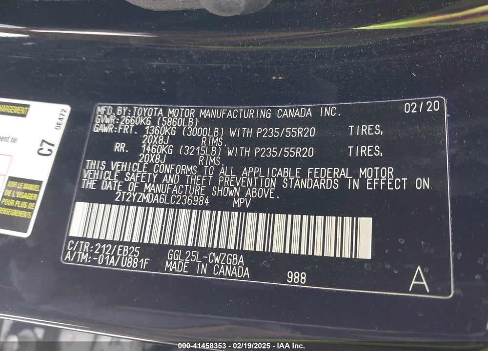 2020 LEXUS RX 350 F SPORT PERFORMANCE VIN: 2T2YZMDA6LC236984