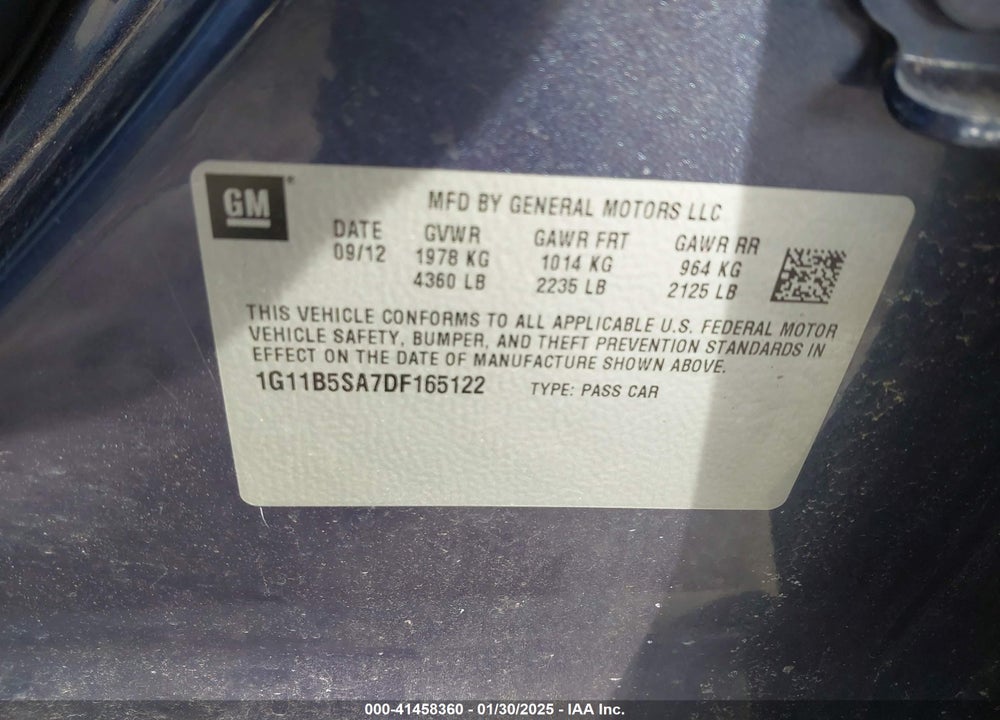 2013 CHEVROLET MALIBU VIN: 1G11B5SA7DF165122