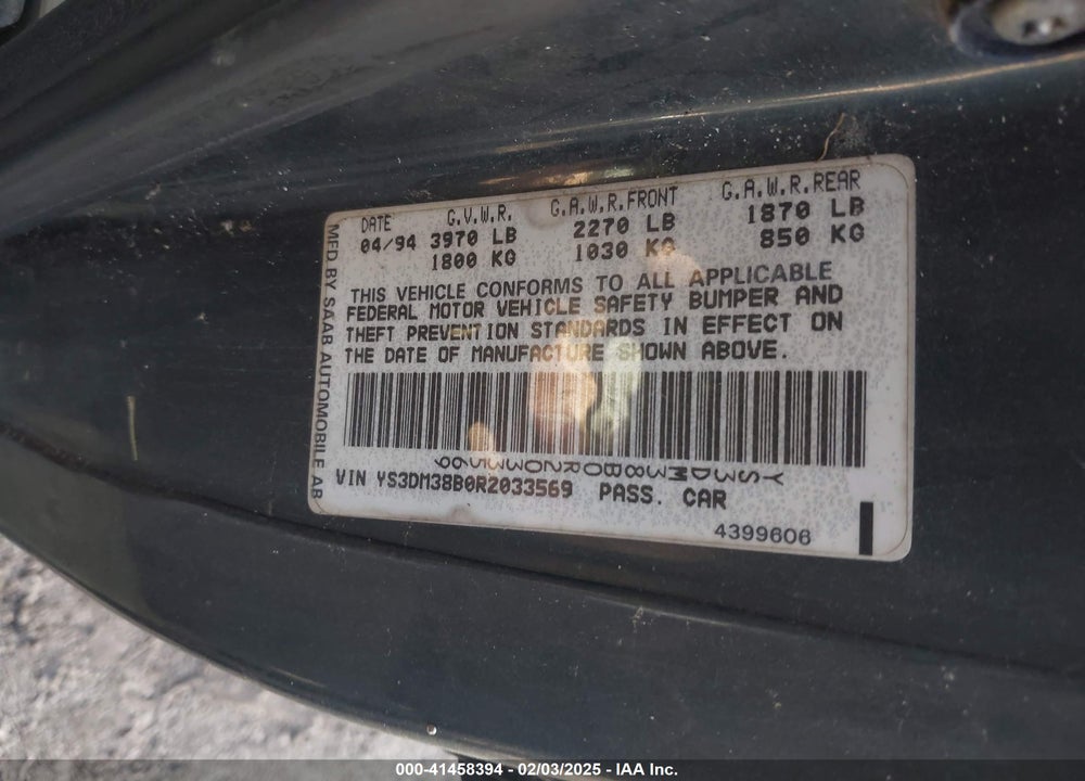 1994 SAAB 900 VIN: YS3DM38B0R2033569