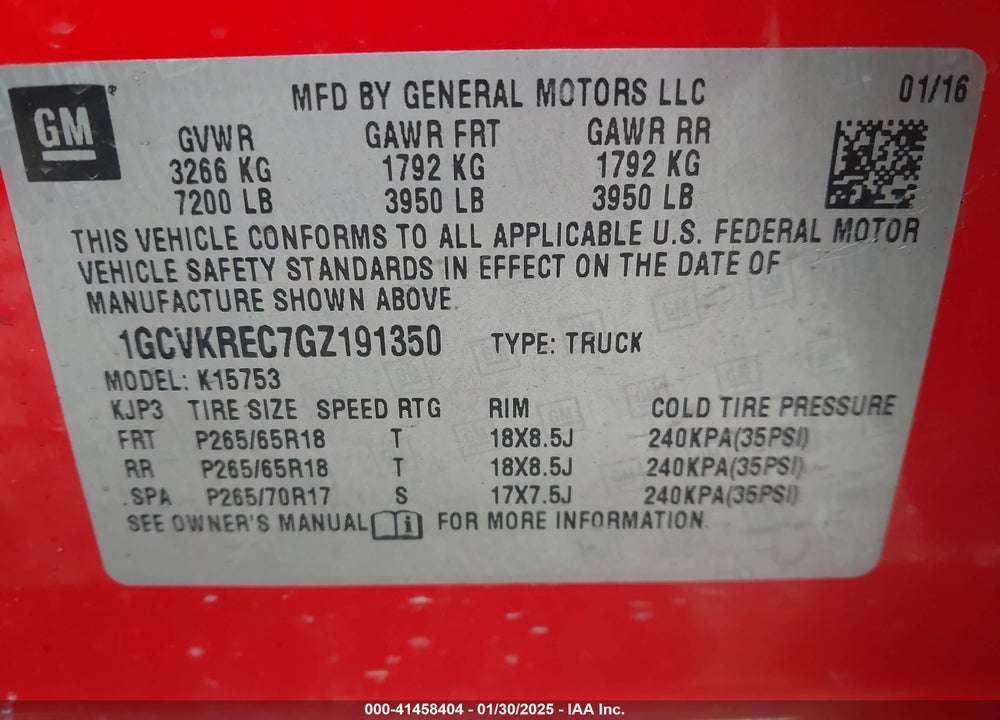2016 CHEVROLET SILVERADO 1500 1LT VIN: 1GCVKREC7GZ191350