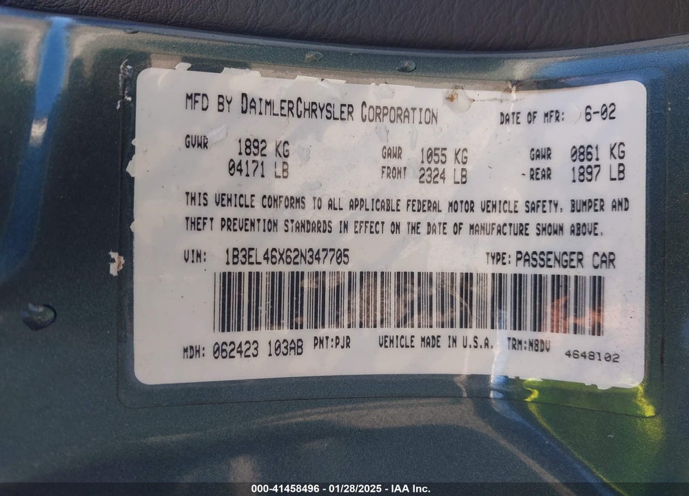 2002 DODGE STRATUS SE PLUS VIN: 1B3EL46X62N347705