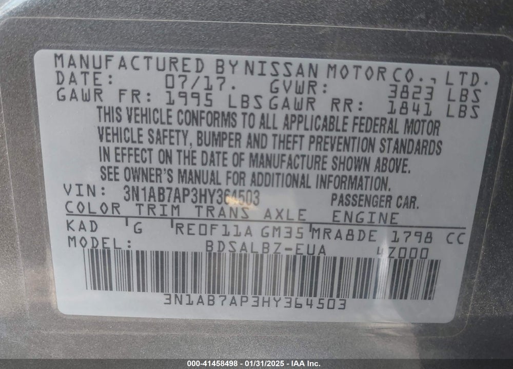 2017 NISSAN SENTRA VIN: 3N1AB7AP3HY364503