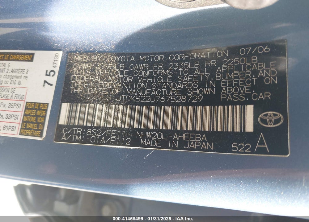 2006 TOYOTA PRIUS VIN: JTDKB22U767528729