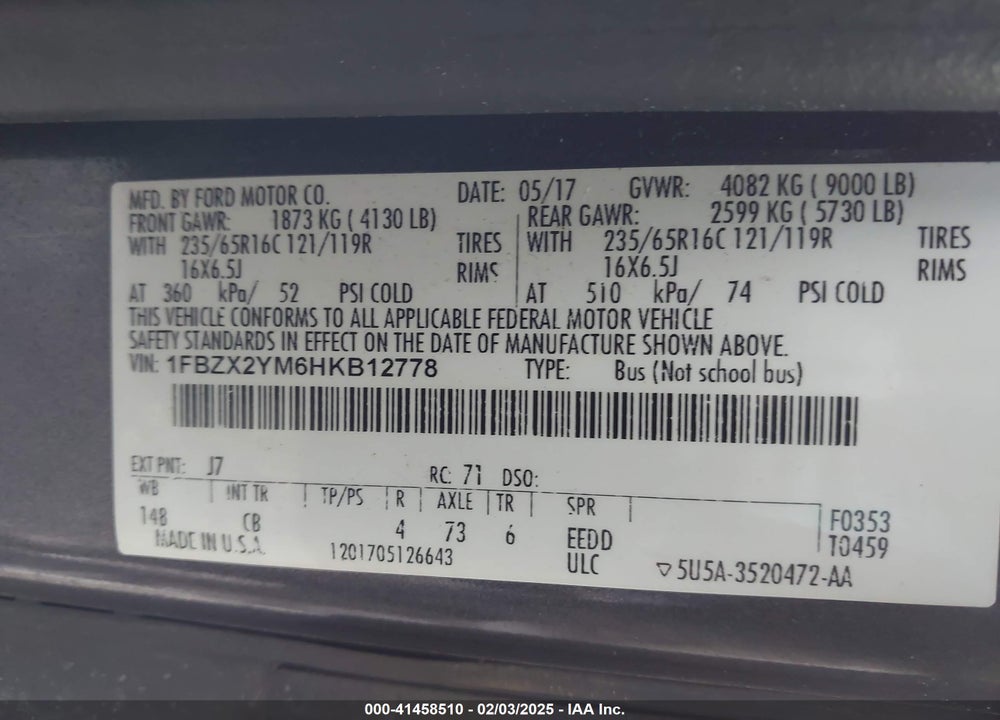 2017 FORD TRANSIT-350 XLT VIN: 1FBZX2YM6HKB12778
