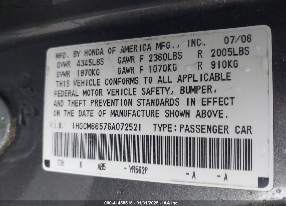 2006 HONDA ACCORD 3.0 EX VIN: 1HGCM66576A072521