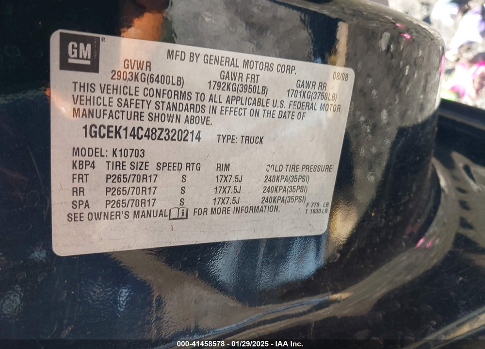 2008 CHEVROLET SILVERADO 1500 WORK TRUCK VIN: 1GCEK14C48Z320214