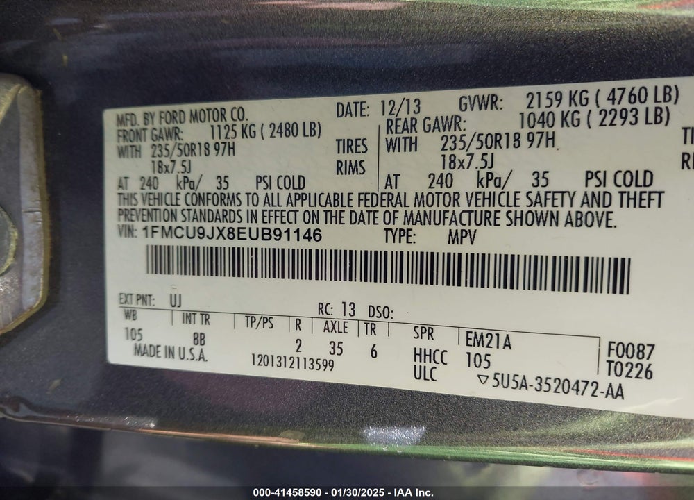 2014 FORD ESCAPE TITANIUM VIN: 1FMCU9JX8EUB91146