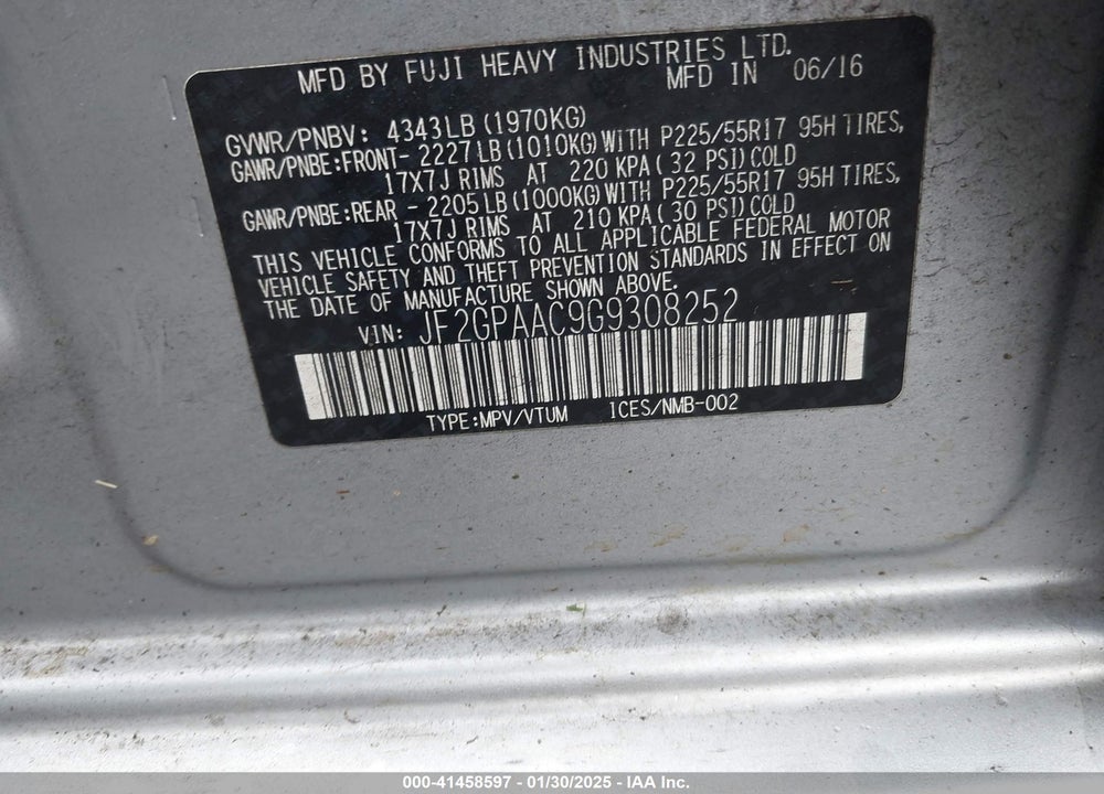 2016 SUBARU CROSSTREK 2.0I VIN: JF2GPAAC9G9308252